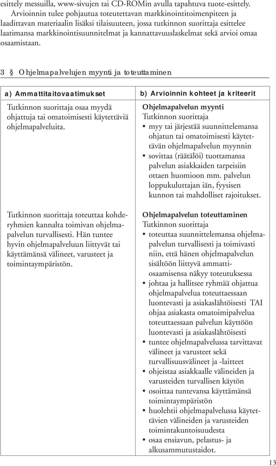 kannattavuuslaskelmat sekä arvioi omaa osaamistaan. 3 Ohjelmapalvelujen myynti ja toteuttaminen a) Ammattitaitovaatimukset osaa myydä ohjattuja tai omatoimisesti käytettäviä ohjelmapalveluita.