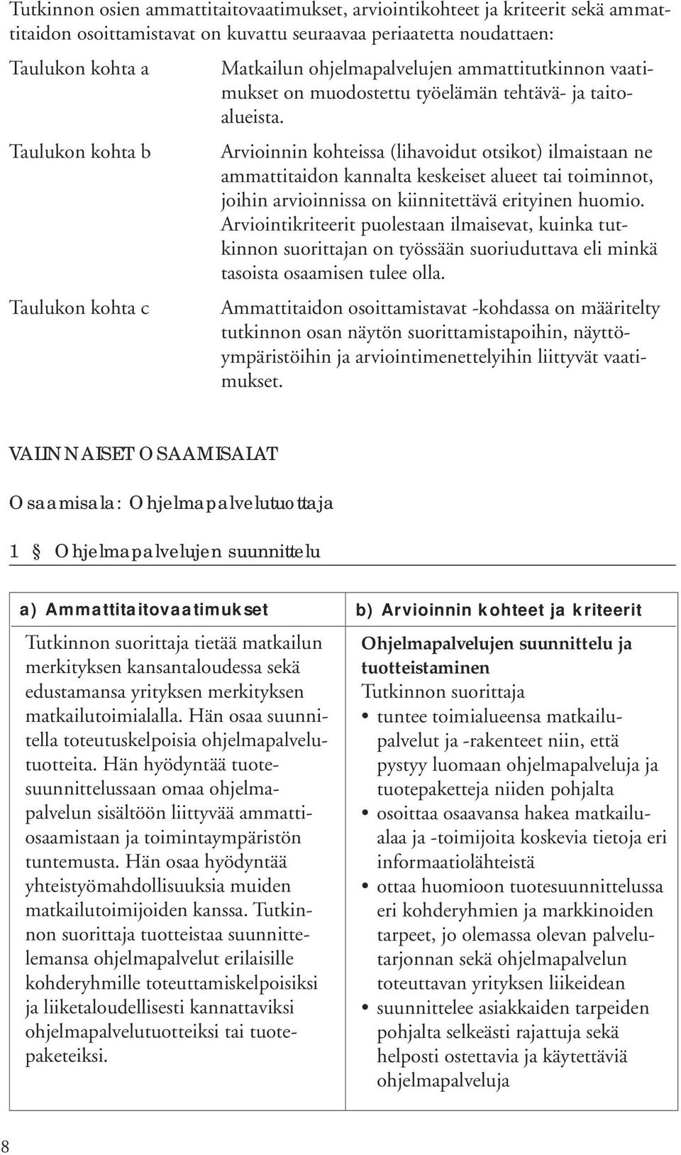 Arvioinnin kohteissa (lihavoidut otsikot) ilmaistaan ne ammattitaidon kannalta keskeiset alueet tai toiminnot, joihin arvioinnissa on kiinnitettävä erityinen huomio.