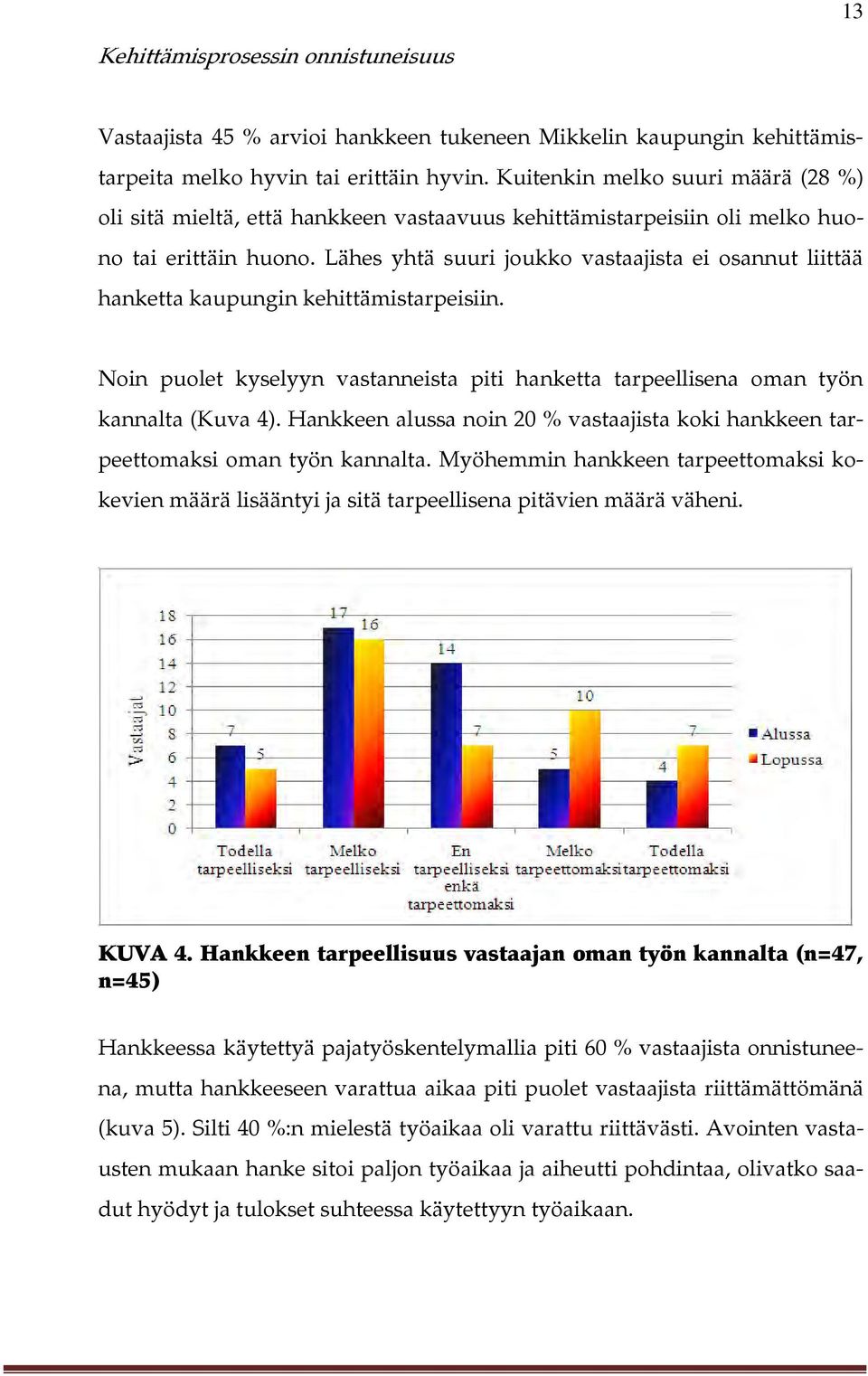 Lähes yhtä suuri joukko vastaajista ei osannut liittää hanketta kaupungin kehittämistarpeisiin. Noin puolet kyselyyn vastanneista piti hanketta tarpeellisena oman työn kannalta (Kuva 4).