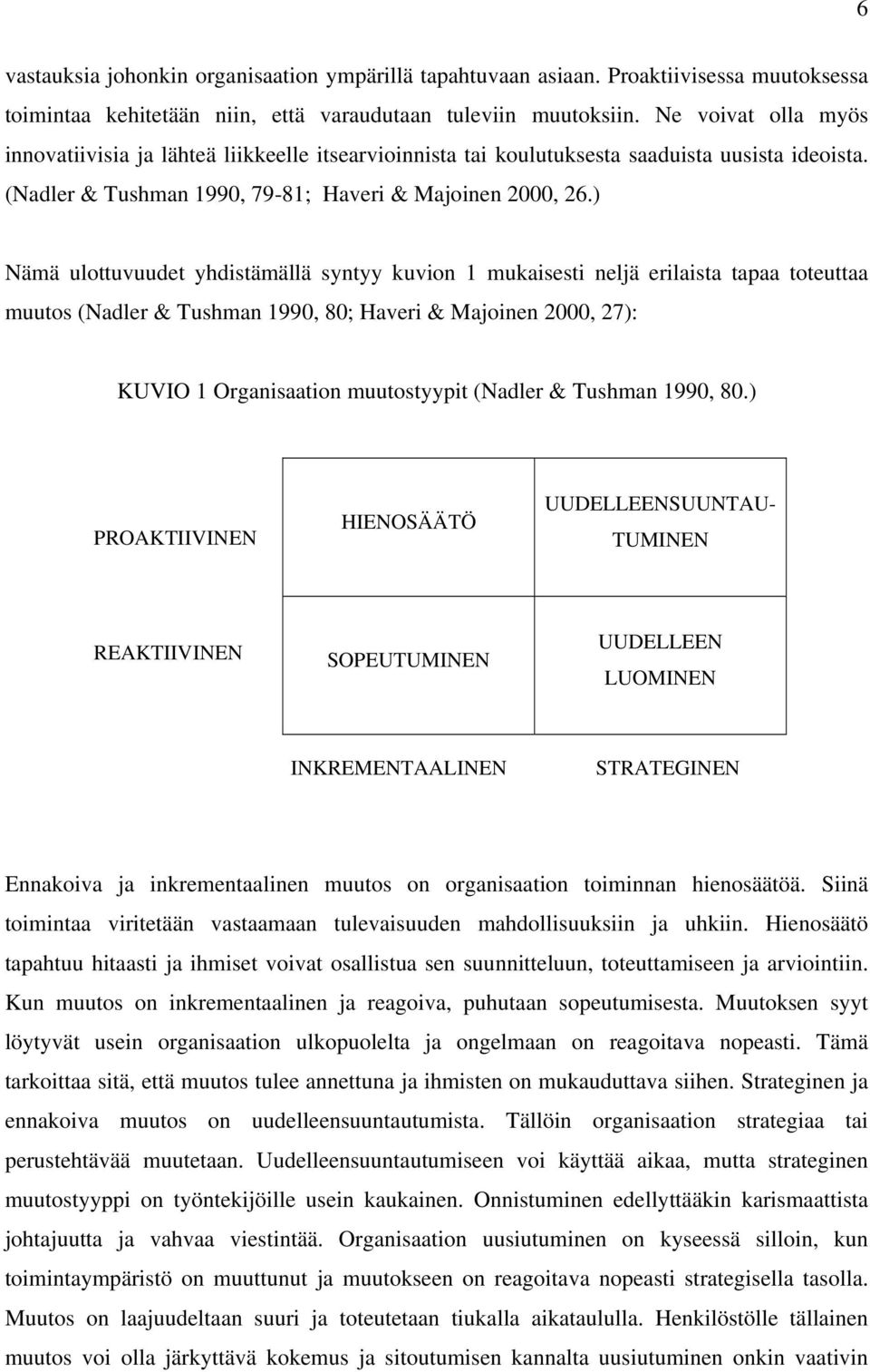 ) Nämä ulottuvuudet yhdistämällä syntyy kuvion 1 mukaisesti neljä erilaista tapaa toteuttaa muutos (Nadler & Tushman 1990, 80; Haveri & Majoinen 2000, 27): KUVIO 1 Organisaation muutostyypit (Nadler