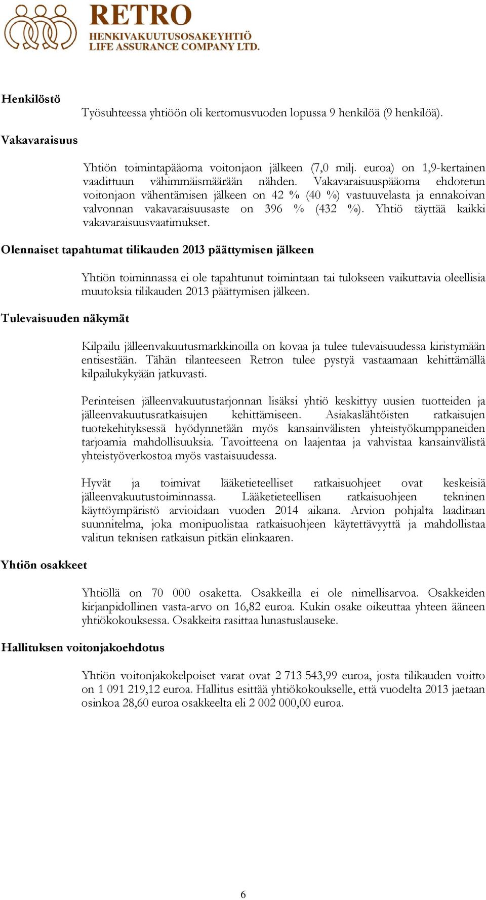 Vakavaraisuuspääoma ehdotetun voitonjaon vähentämisen jälkeen on 42 % (40 %) vastuuvelasta ja ennakoivan valvonnan vakavaraisuusaste on 396 % (432 %). Yhtiö täyttää kaikki vakavaraisuusvaatimukset.
