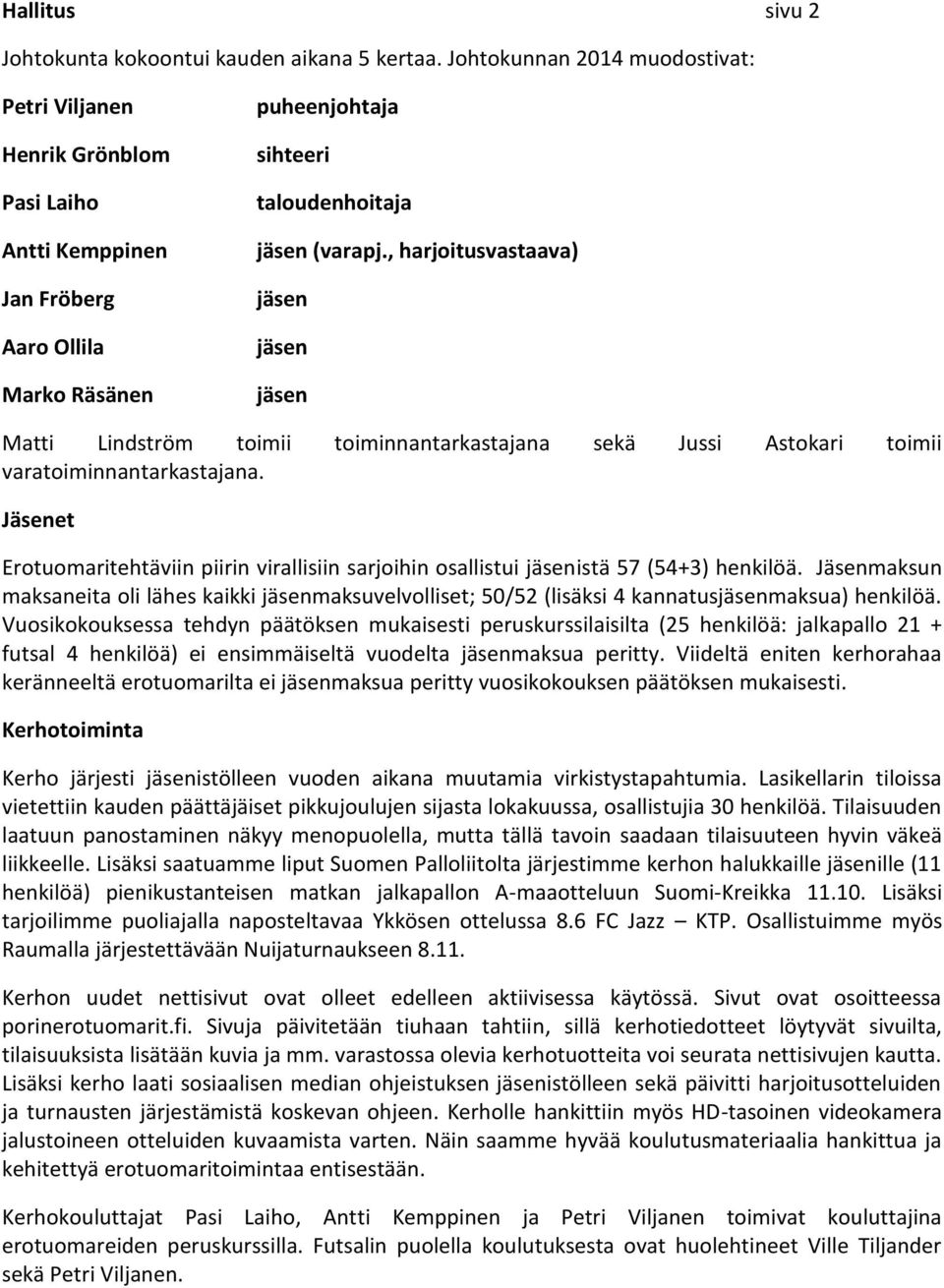 , harjoitusvastaava) Matti Lindström toimii toiminnantarkastajana sekä Jussi Astokari toimii varatoiminnantarkastajana.