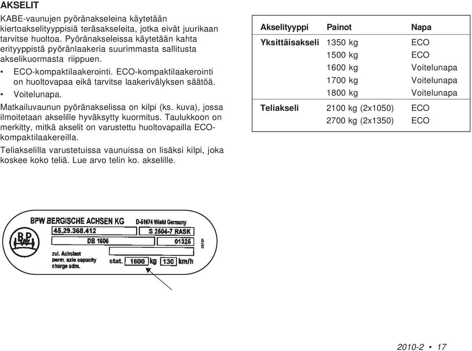 ECO-kompaktilaakerointi on huoltovapaa eikä tarvitse laakerivälyksen säätöä. Voitelunapa. Matkailuvaunun pyöränakselissa on kilpi (ks. kuva), jossa ilmoitetaan akselille hyväksytty kuormitus.