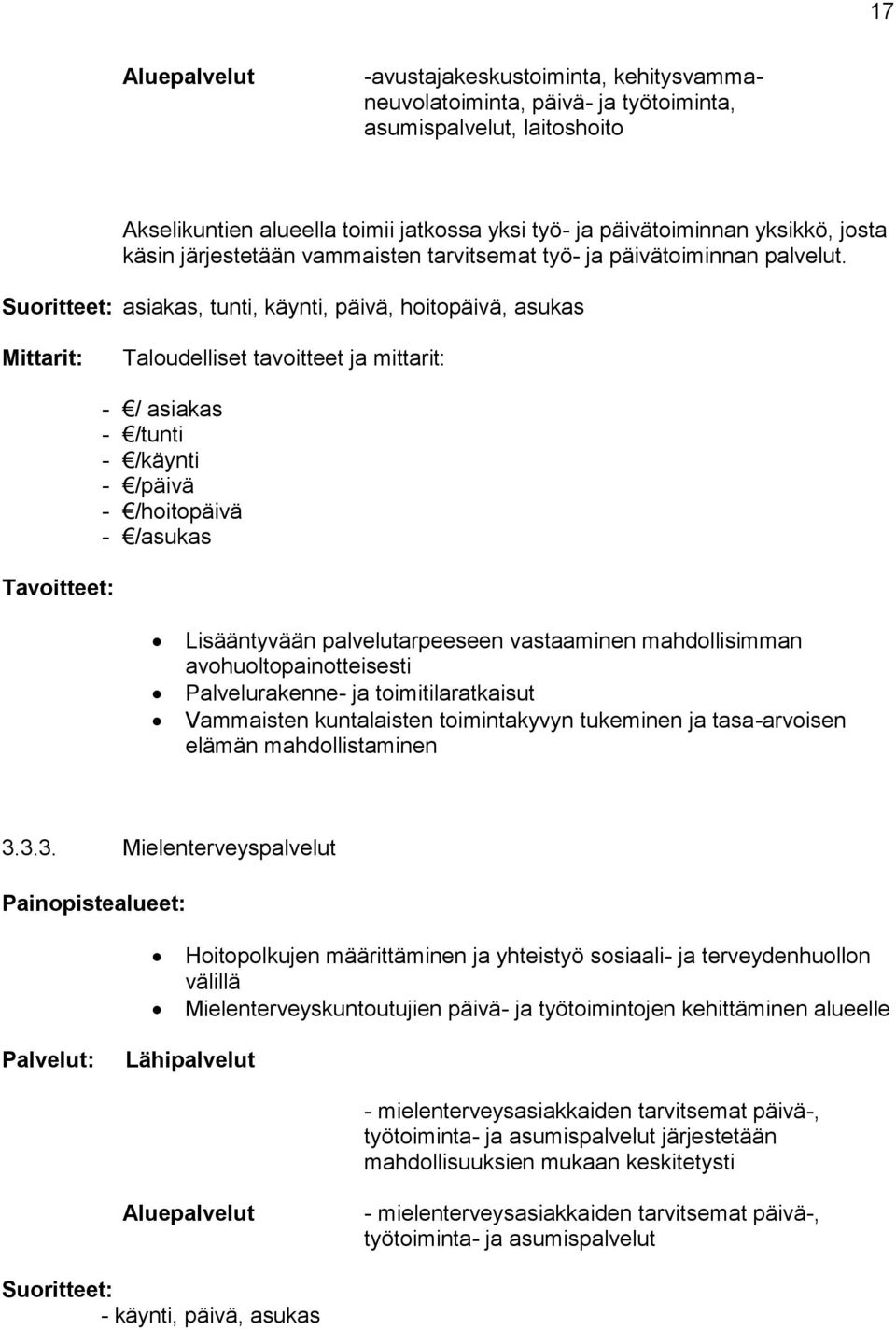 Suoritteet: asiakas, tunti, käynti, päivä, hoitopäivä, asukas Mittarit: Taloudelliset tavoitteet ja mittarit: Tavoitteet: - / asiakas - /tunti - /käynti - /päivä - /hoitopäivä - /asukas Lisääntyvään