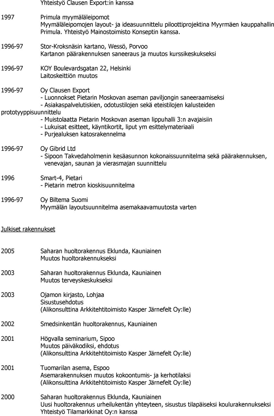 1996-97 Stor-Kroksnäsin kartano, Wessö, Porvoo Kartanon päärakennuksen saneeraus ja muutos kurssikeskukseksi 1996-97 KOY Boulevardsgatan 22, Helsinki Laitoskeittiön muutos 1996-97 Oy Clausen Export -