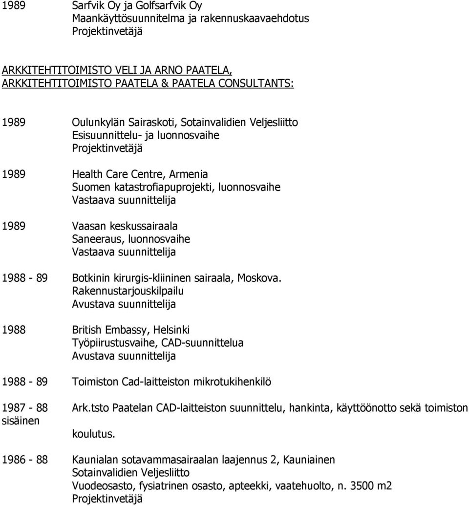 luonnosvaihe Vastaava suunnittelija 1988-89 Botkinin kirurgis-kliininen sairaala, Moskova.