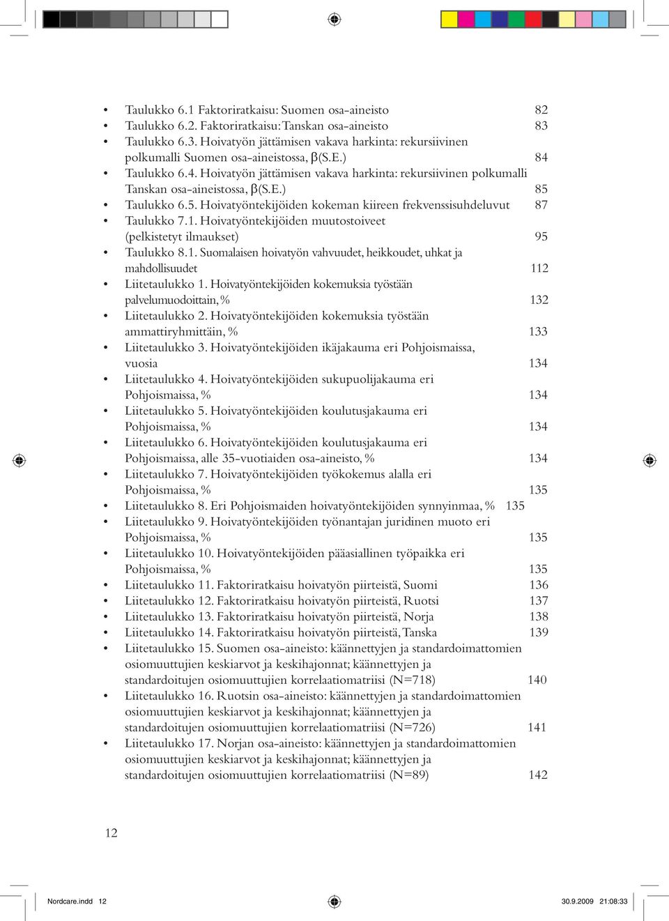 1. Hoivatyöntekijöiden muutostoiveet (pelkistetyt ilmaukset) 95 Taulukko 8.1. Suomalaisen hoivatyön vahvuudet, heikkoudet, uhkat ja mahdollisuudet 112 Liitetaulukko 1.
