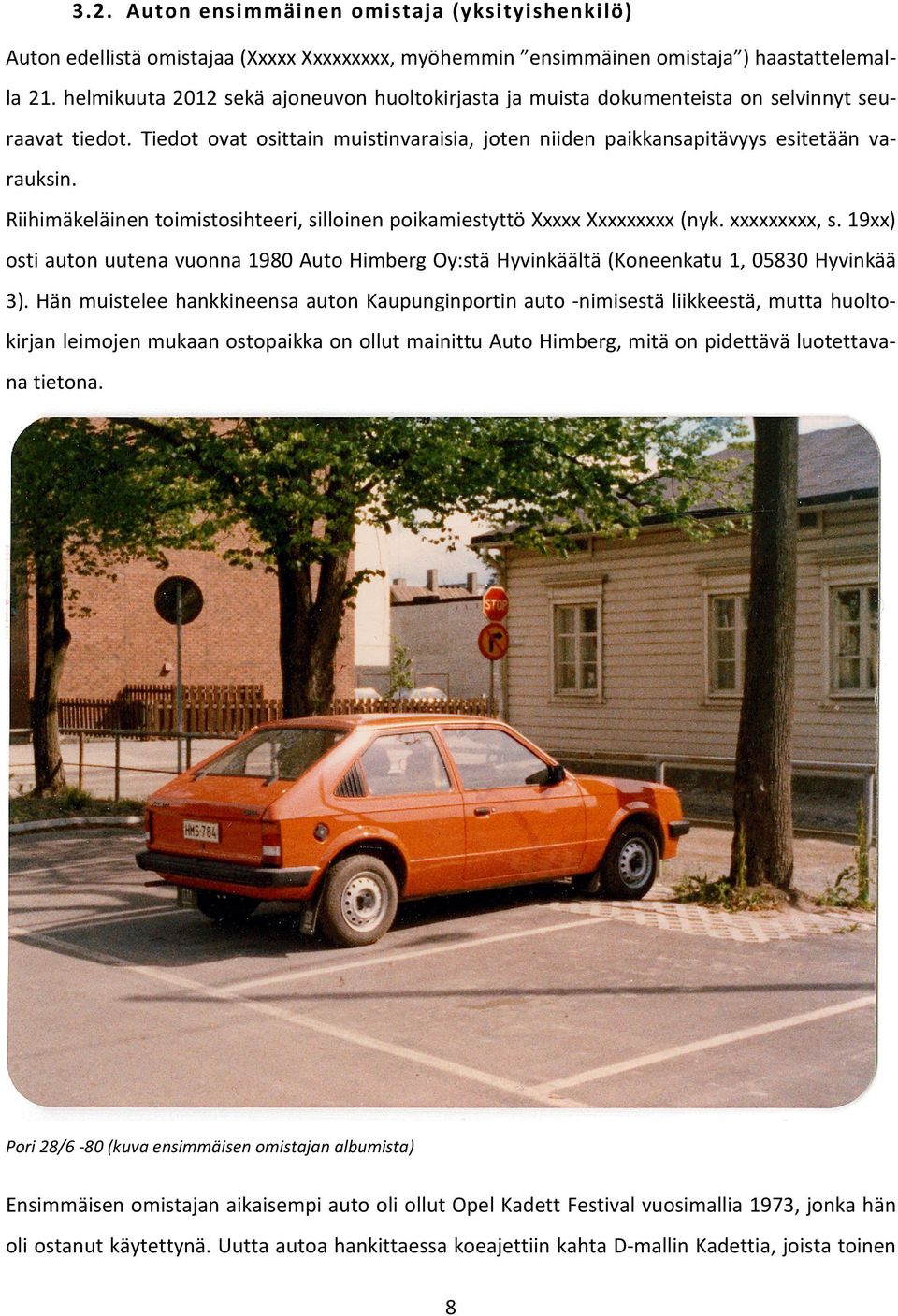 Riihimäkeläinen toimistosihteeri, silloinen poikamiestyttö Xxxxx Xxxxxxxxx (nyk. xxxxxxxxx, s. 19xx) osti auton uutena vuonna 1980 Auto Himberg Oy:stä Hyvinkäältä (Koneenkatu 1, 05830 Hyvinkää 3).