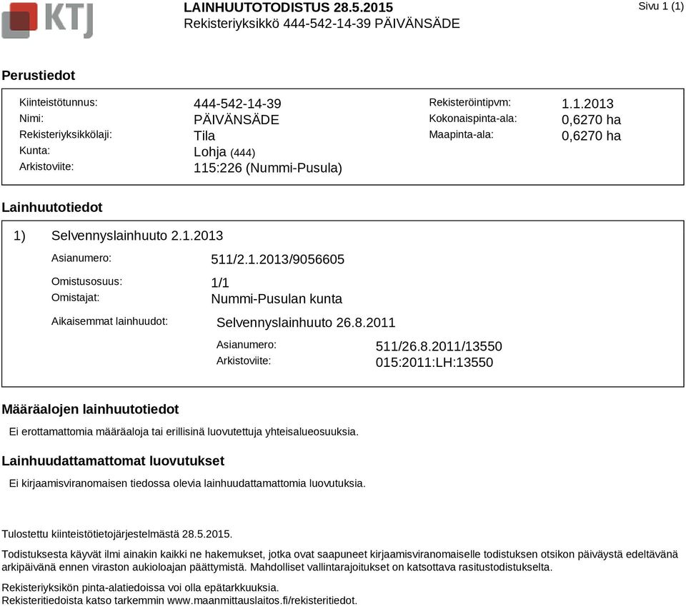 Rekisteröintipvm: 1.1.2013 Kokonaispinta-ala: 0,6270 ha Maapinta-ala: 0,6270 ha Lainhuutotiedot 1) Selvennyslainhuuto 2.1.2013 Asianumero: 511/2.1.2013/9056605 Omistusosuus: 1/1 Omistajat: Nummi-Pusulan kunta Aikaisemmat lainhuudot: Selvennyslainhuuto 26.