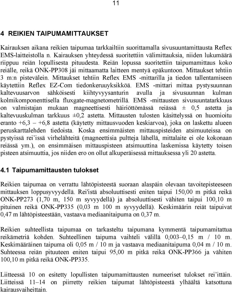 Reiän lopussa suoritettiin taipumamittaus koko reiälle, reikä ONK-PP308 jäi mittaamatta laitteen mentyä epäkuntoon. Mittaukset tehtiin 3 m:n pistevälein.