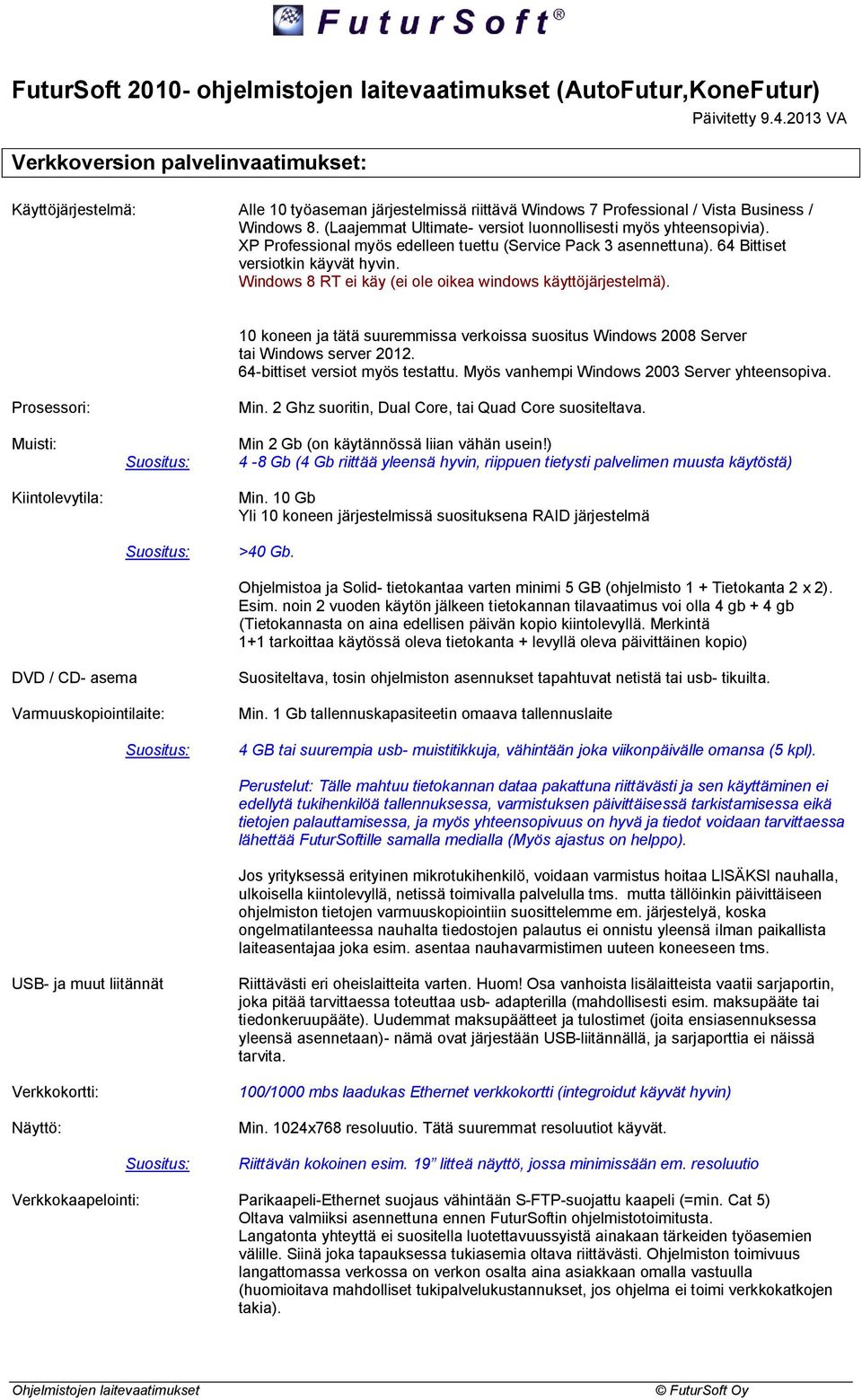 XP Professional myös edelleen tuettu (Service Pack 3 asennettuna). 64 Bittiset versiotkin käyvät hyvin. Windows 8 RT ei käy (ei ole oikea windows käyttöjärjestelmä).