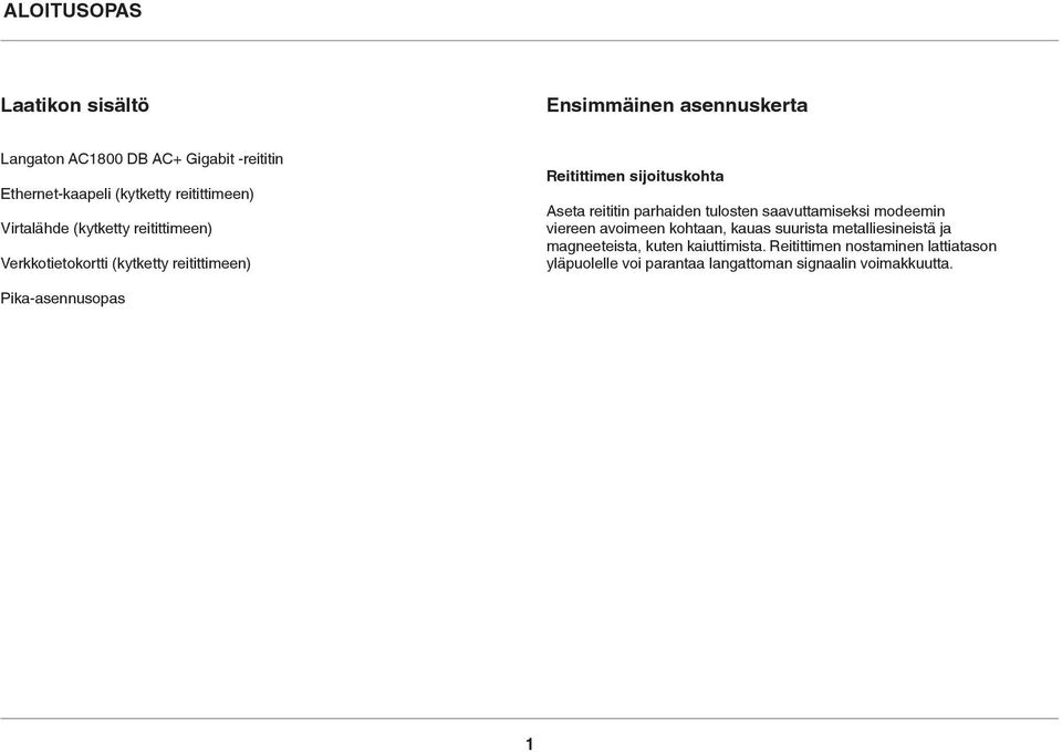 reititin parhaiden tulosten saavuttamiseksi modeemin viereen avoimeen kohtaan, kauas suurista metalliesineistä ja