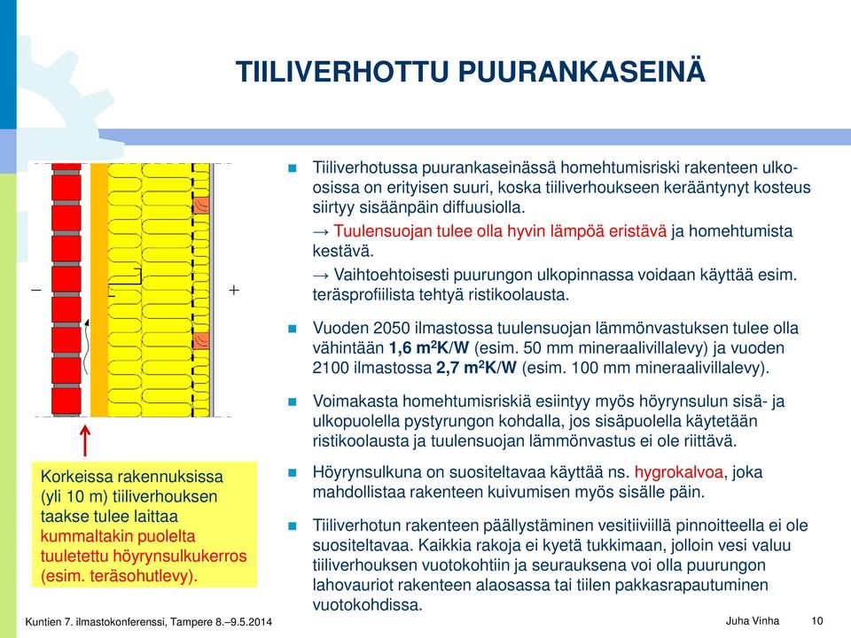 Vuoden 2050 ilmastossa tuulensuojan lämmönvastuksen tulee olla vähintään 1,6 m 2 K/W (esim. 50 mm mineraalivillalevy) ja vuoden 2100 ilmastossa 2,7 m 2 K/W (esim. 100 mm mineraalivillalevy).