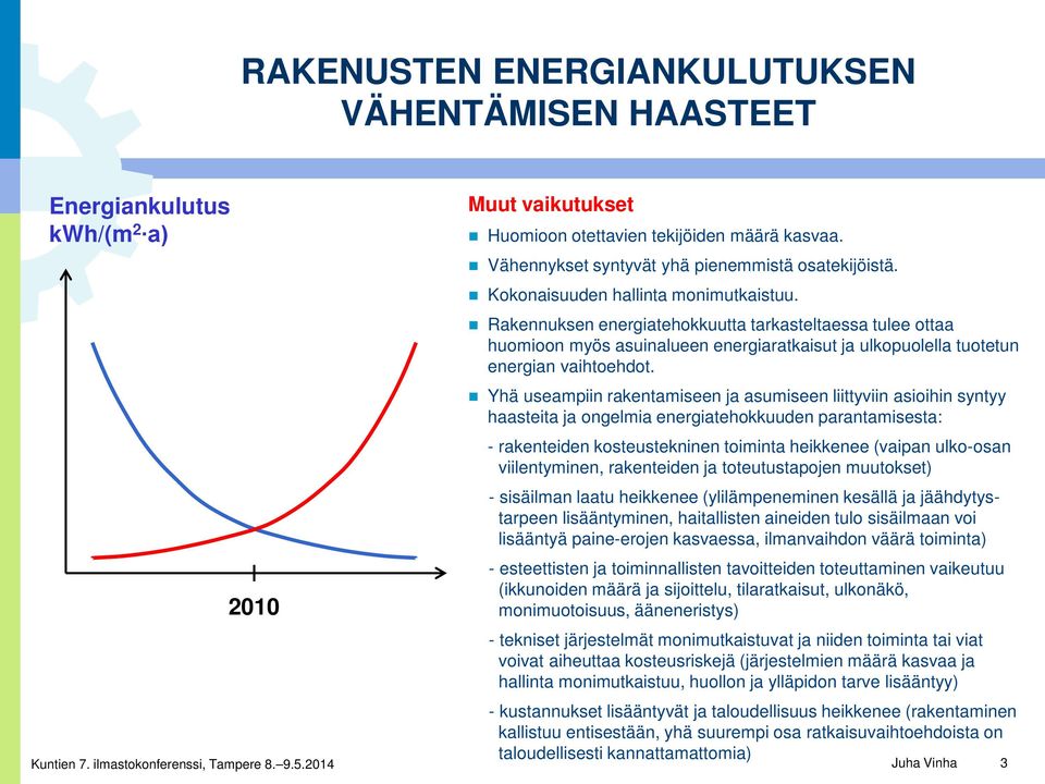 Yhä useampiin rakentamiseen ja asumiseen liittyviin asioihin syntyy haasteita ja ongelmia energiatehokkuuden parantamisesta: - rakenteiden kosteustekninen toiminta heikkenee (vaipan ulko-osan