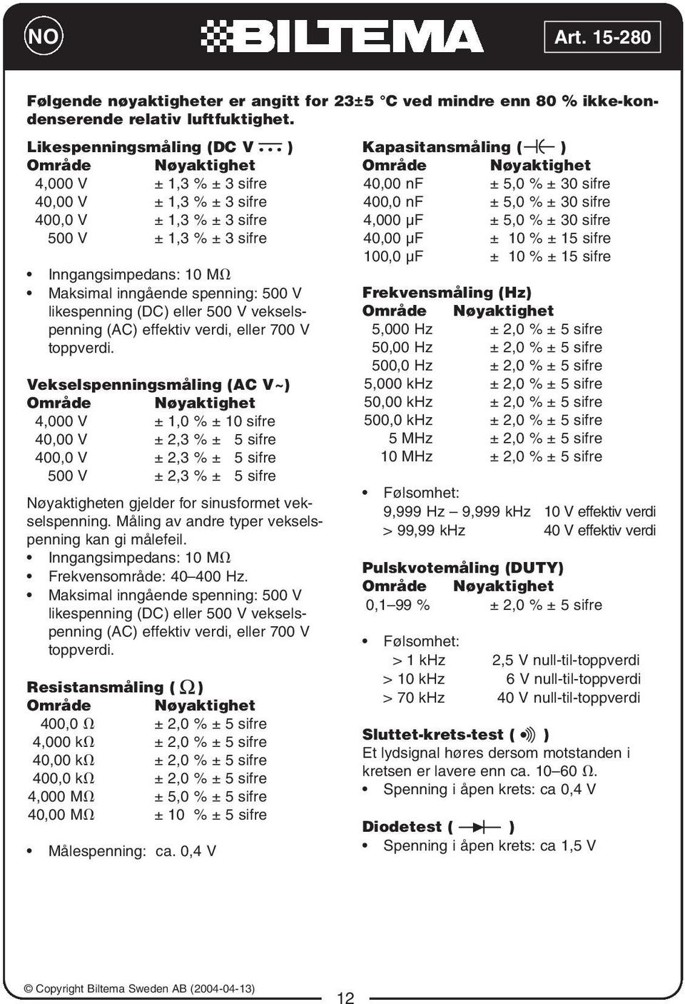 spenning: 500 V likespenning (DC) eller 500 V vekselspenning (AC) effektiv verdi, eller 700 V toppverdi.