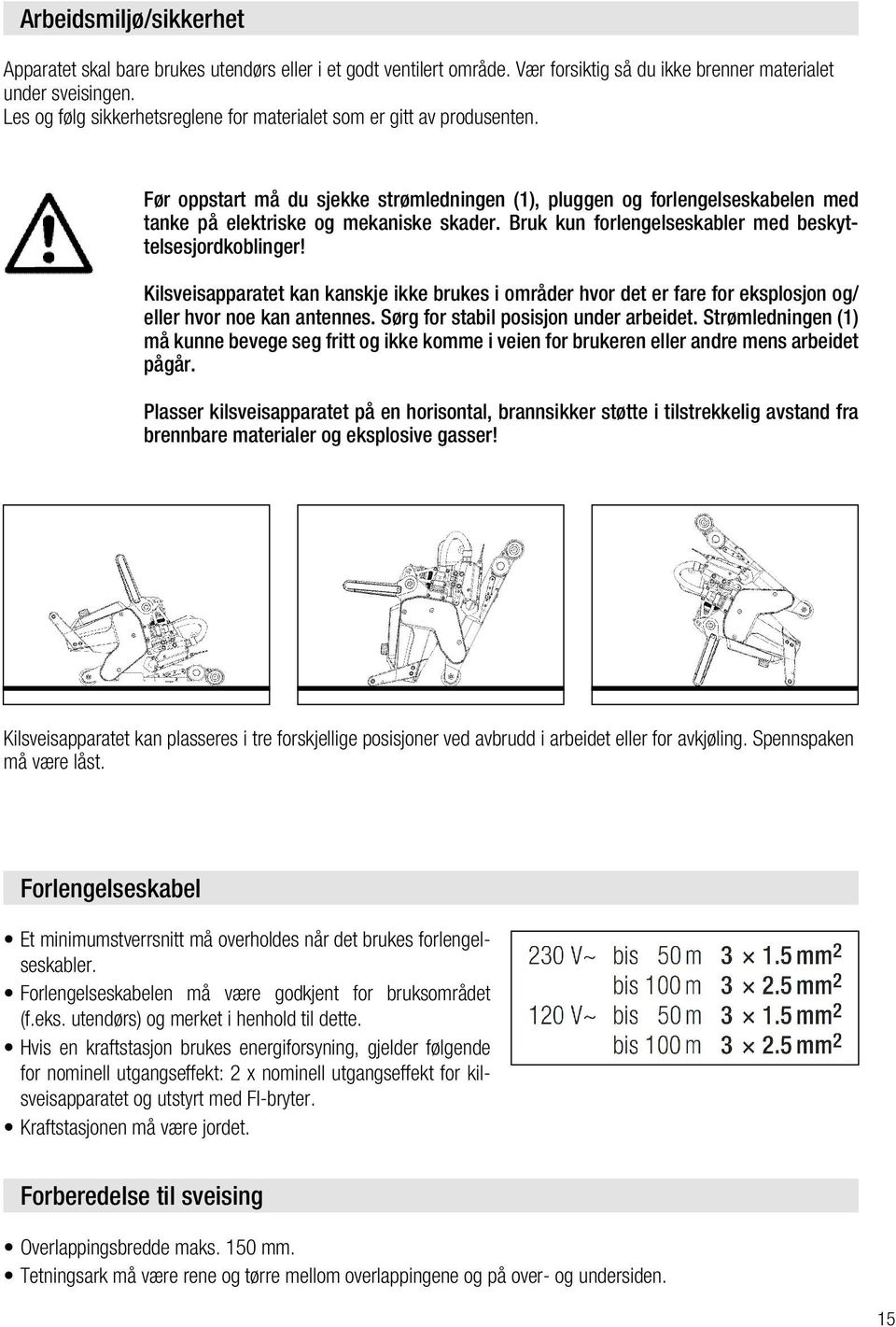 Bruk kun forlengelseskabler med beskyttelsesjordkoblinger! Kilsveisapparatet kan kanskje ikke brukes i områder hvor det er fare for eksplosjon og/ eller hvor noe kan antennes.