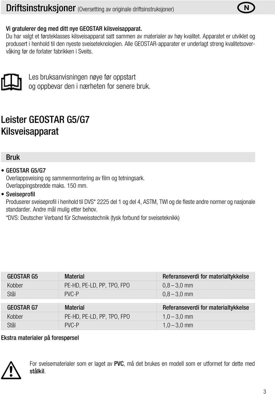 Alle GEOSTAR-apparater er underlagt streng kvalitetsovervåking før de forlater fabrikken i Sveits. Les bruksanvisningen nøye før oppstart og oppbevar den i nærheten for senere bruk.