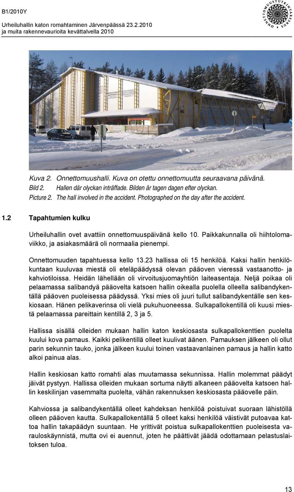 Onnettomuuden tapahtuessa kello 13.23 hallissa oli 15 henkilöä. Kaksi hallin henkilökuntaan kuuluvaa miestä oli eteläpäädyssä olevan pääoven vieressä vastaanotto- ja kahviotiloissa.