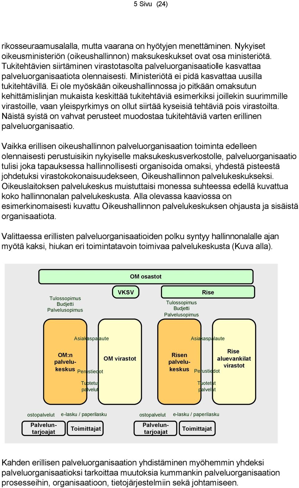 Ei ole myöskään oikeushallinnossa jo pitkään omaksutun kehittämislinjan mukaista keskittää tukitehtäviä esimerkiksi joillekin suurimmille virastoille, vaan yleispyrkimys on ollut siirtää kyseisiä