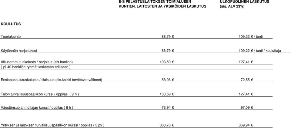 kaikki tarvittavat välineet) 58,98 72,55 Talon turvallisuuspäällikön kurssi / oppilas ( 9 h ) 103,59 127,41 Väestönsuojan