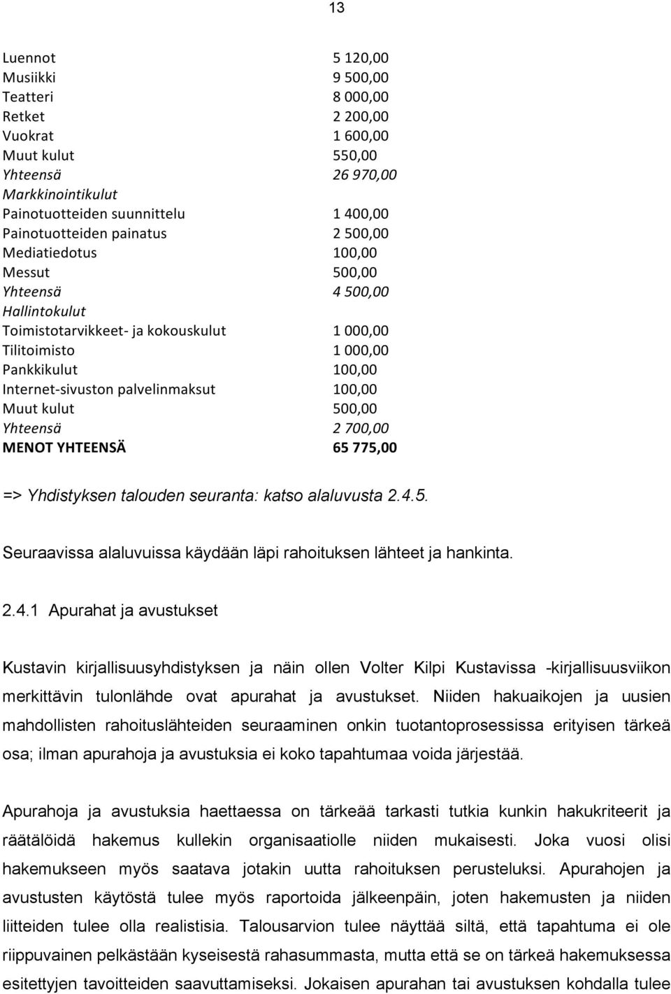 500,00 4 500,00 1 000,00 1 000,00 100,00 100,00 500,00 2 700,00 65 775,00 => Yhdistyksen talouden seuranta: katso alaluvusta 2.4.5. Seuraavissa alaluvuissa käydään läpi rahoituksen lähteet ja hankinta.