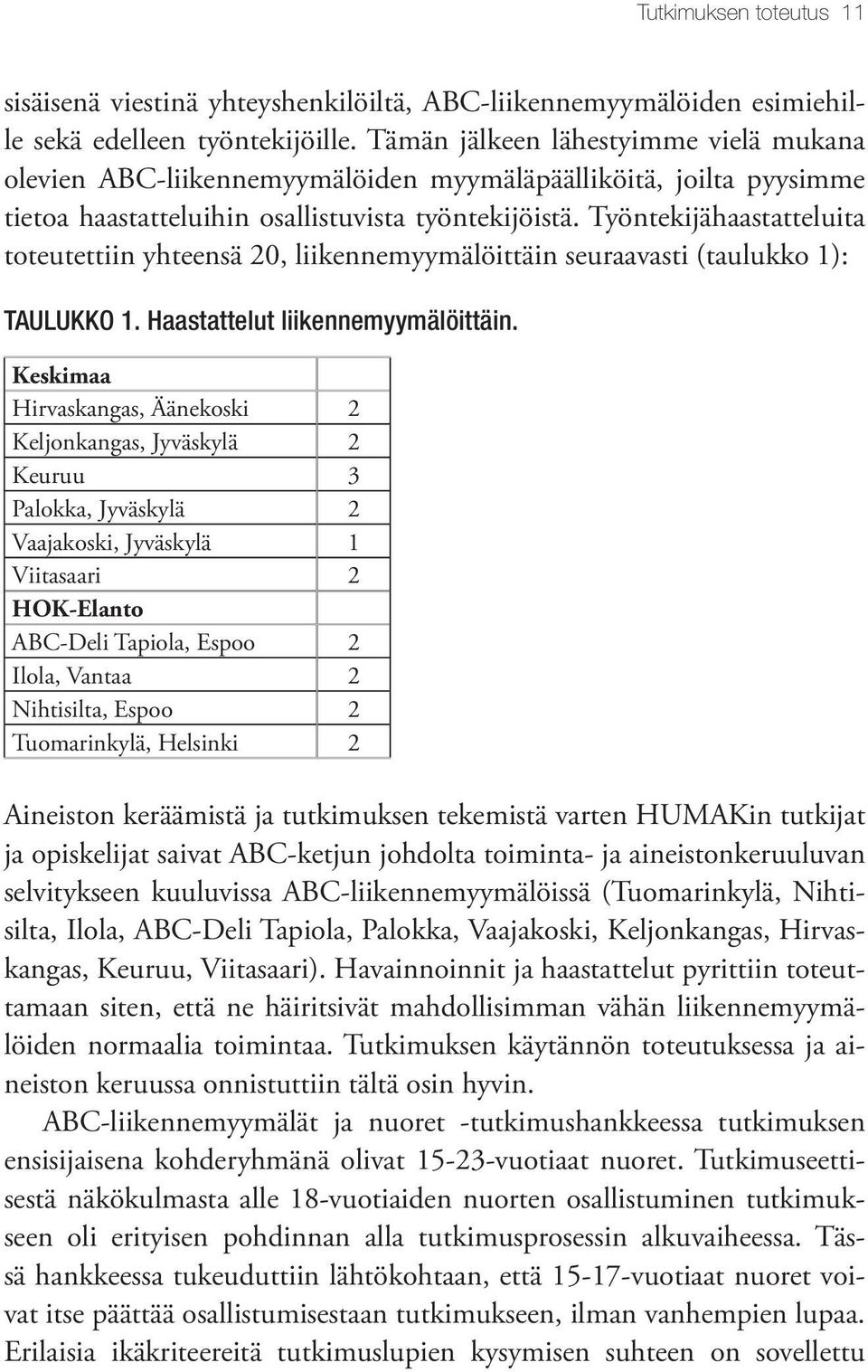 Työntekijähaastatteluita toteutettiin yhteensä 20, liikennemyymälöittäin seuraavasti (taulukko 1): TAULUKKO 1. Haastattelut liikennemyymälöittäin.