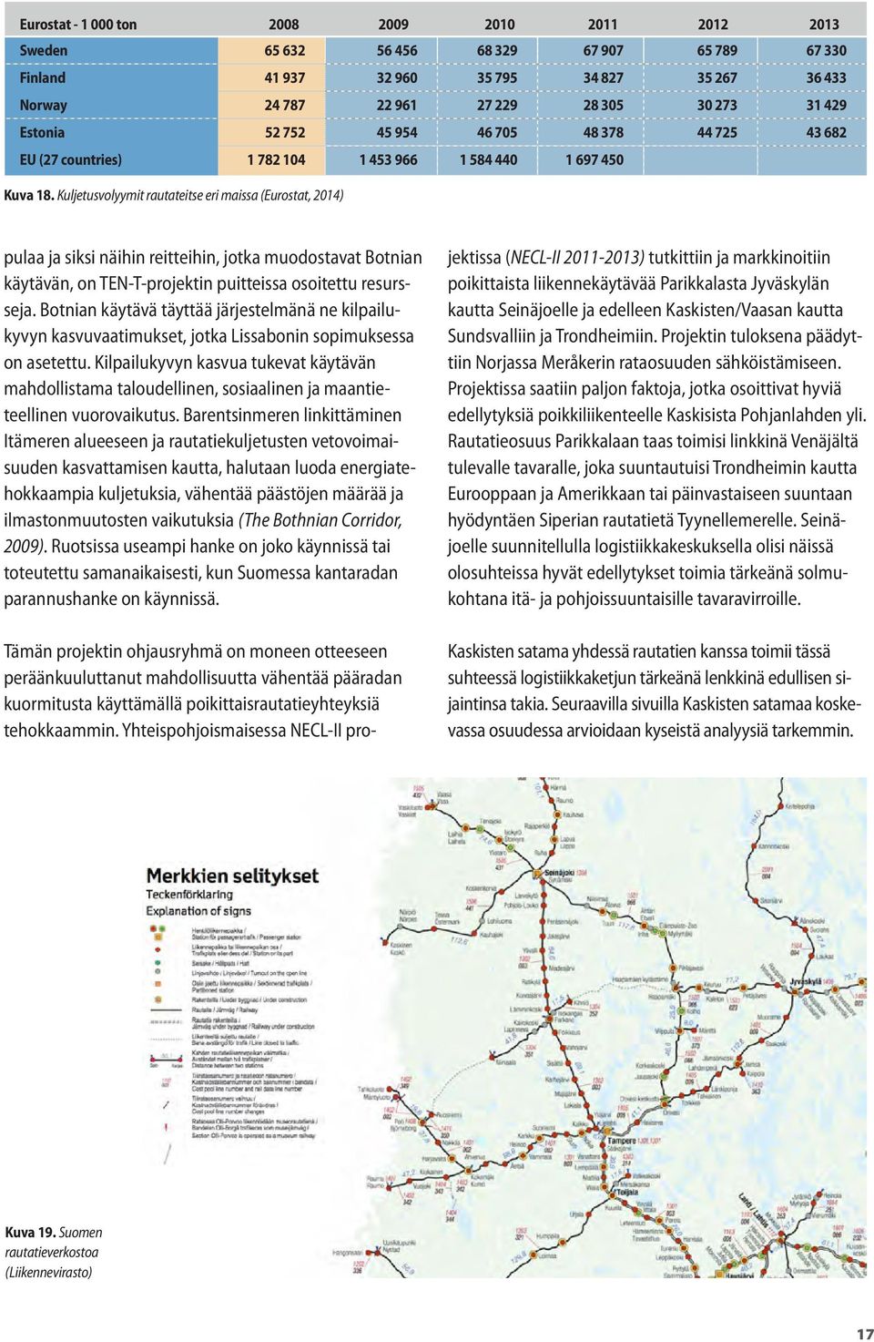 Kuljetusvolyymit rautateitse eri maissa (Eurostat, 2014) pulaa ja siksi näihin reitteihin, jotka muodostavat Botnian käytävän, on TEN-T-projektin puitteissa osoitettu resursseja.