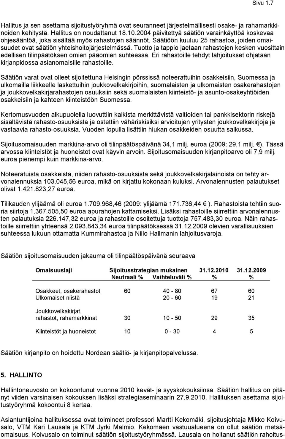 Tuotto ja tappio jaetaan rahastojen kesken vuosittain edellisen tilinpäätöksen omien pääomien suhteessa. Eri rahastoille tehdyt lahjoitukset ohjataan kirjanpidossa asianomaisille rahastoille.