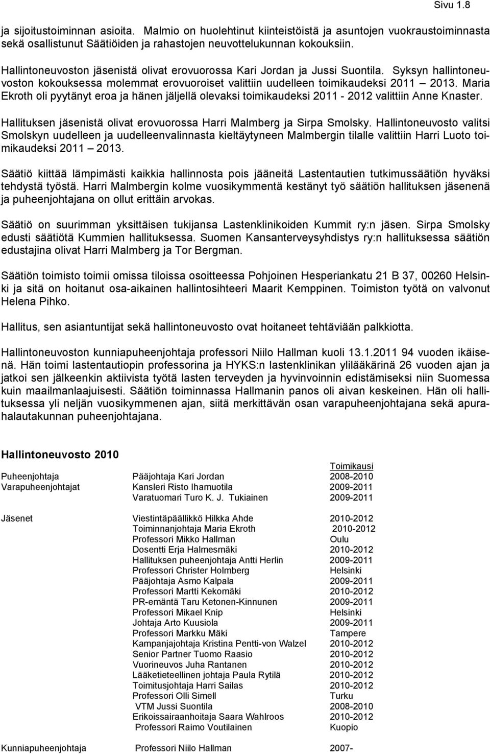 Maria Ekroth oli pyytänyt eroa ja hänen jäljellä olevaksi toimikaudeksi 2011-2012 valittiin Anne Knaster. Hallituksen jäsenistä olivat erovuorossa Harri Malmberg ja Sirpa Smolsky.