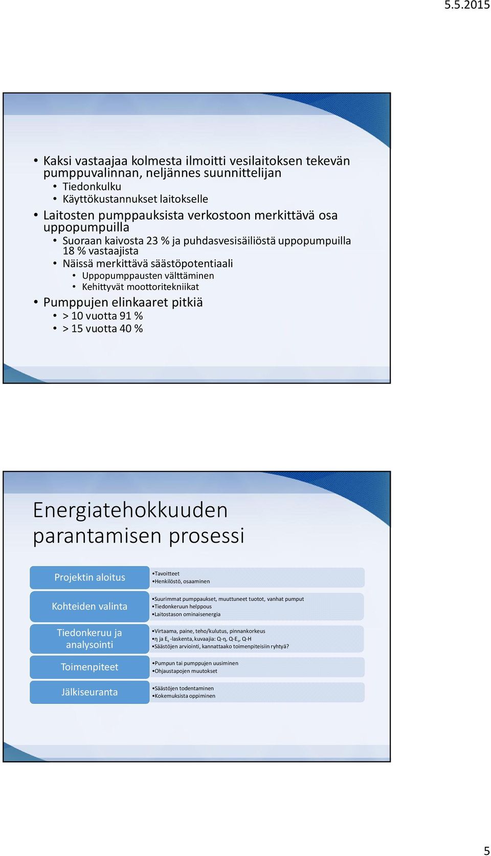 elinkaaret pitkiä > 10 vuotta 91 % > 15 vuotta 40 % Energiatehokkuuden parantamisen prosessi Projektin aloitus Kohteiden valinta Tiedonkeruu ja analysointi Toimenpiteet Jälkiseuranta Tavoitteet