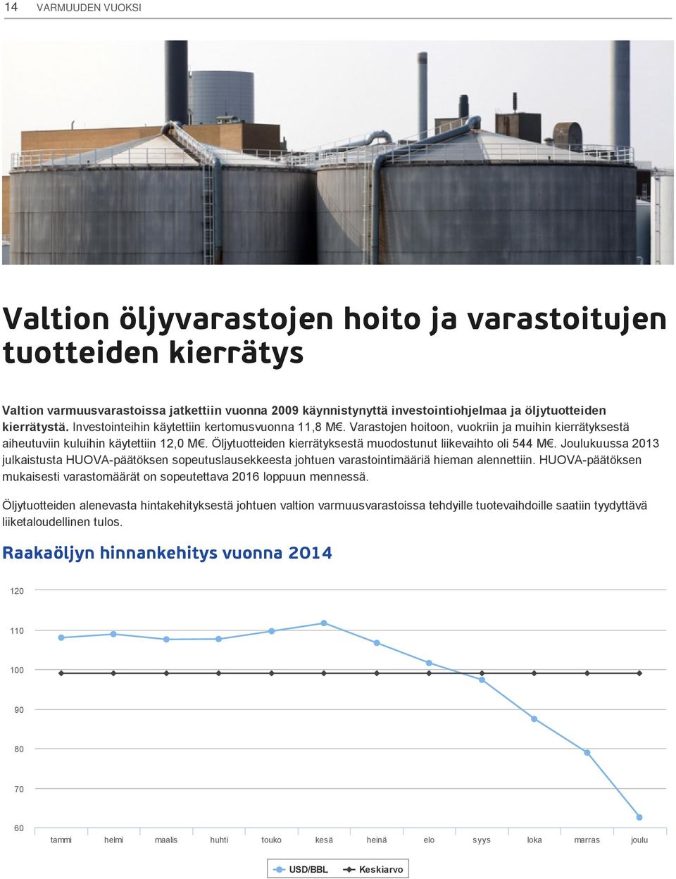 Öljytuotteiden kierrätyksestä muodostunut liikevaihto oli 544 M. Joulukuussa 2013 julkaistusta HUOVA-päätöksen sopeutuslausekkeesta johtuen varastointimääriä hieman alennettiin.