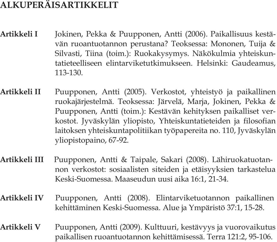 Verkostot, yhteistyö ja paikallinen ruokajärjestelmä. Teoksessa: Järvelä, Marja, Jokinen, Pekka & Puupponen, Antti (toim.): Kestävän kehityksen paikalliset verkostot.