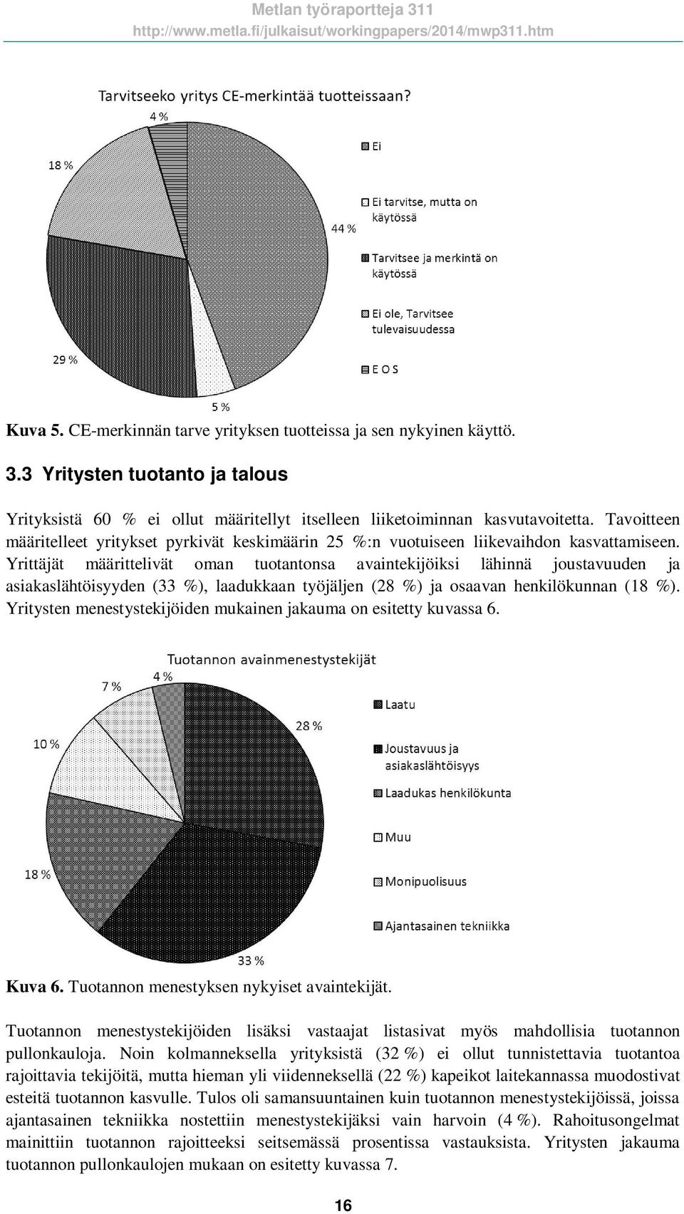 Yrittäjät määrittelivät oman tuotantonsa avaintekijöiksi lähinnä joustavuuden ja asiakaslähtöisyyden (33 %), laadukkaan työjäljen (28 %) ja osaavan henkilökunnan (18 %).