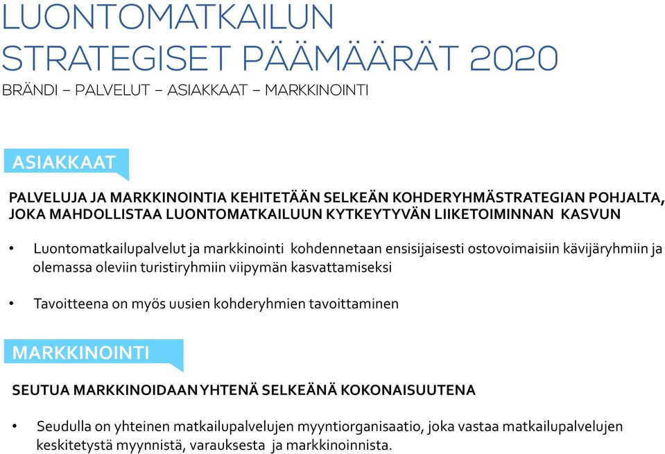 kävijäryhmiin ja olemassa oleviin turistiryhmiin viipymän kasvattamiseksi Tavoitteena on myös uusien kohderyhmien tavoittaminen MARKKINOINTI SEUTUA MARKKINOIDAAN