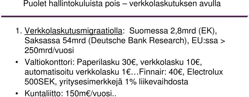 Research), EU:ssa > 250mrd/vuosi Valtiokonttori: Paperilasku 30, verkkolasku 10,