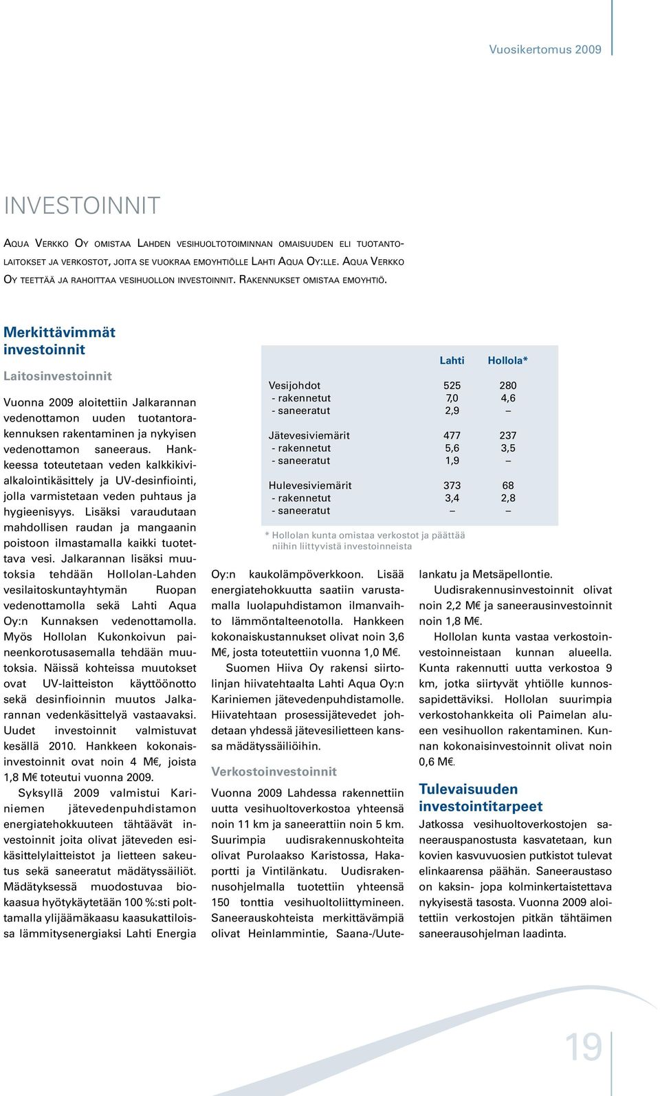 Merkittävimmät investoinnit Laitosinvestoinnit Vuonna 2009 aloitettiin Jalkarannan vedenottamon uuden tuotantorakennuksen rakentaminen ja nykyisen vedenottamon saneeraus.