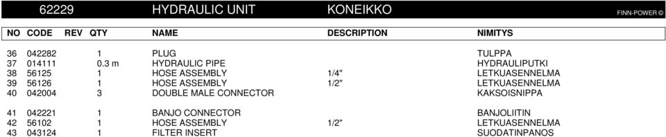 3 m HYDRAULIC PIPE HYDRAULIPUTKI 38 56125 1 HOSE ASSEMBLY 1/4" LETKUASENNELMA 39 56126 1 HOSE ASSEMBLY