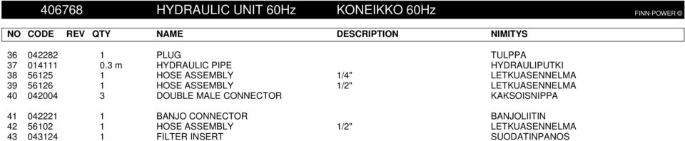 3 m HYDRAULIC PIPE HYDRAULIPUTKI 38 56125 1 HOSE ASSEMBLY 1/4" LETKUASENNELMA 39 56126 1 HOSE ASSEMBLY