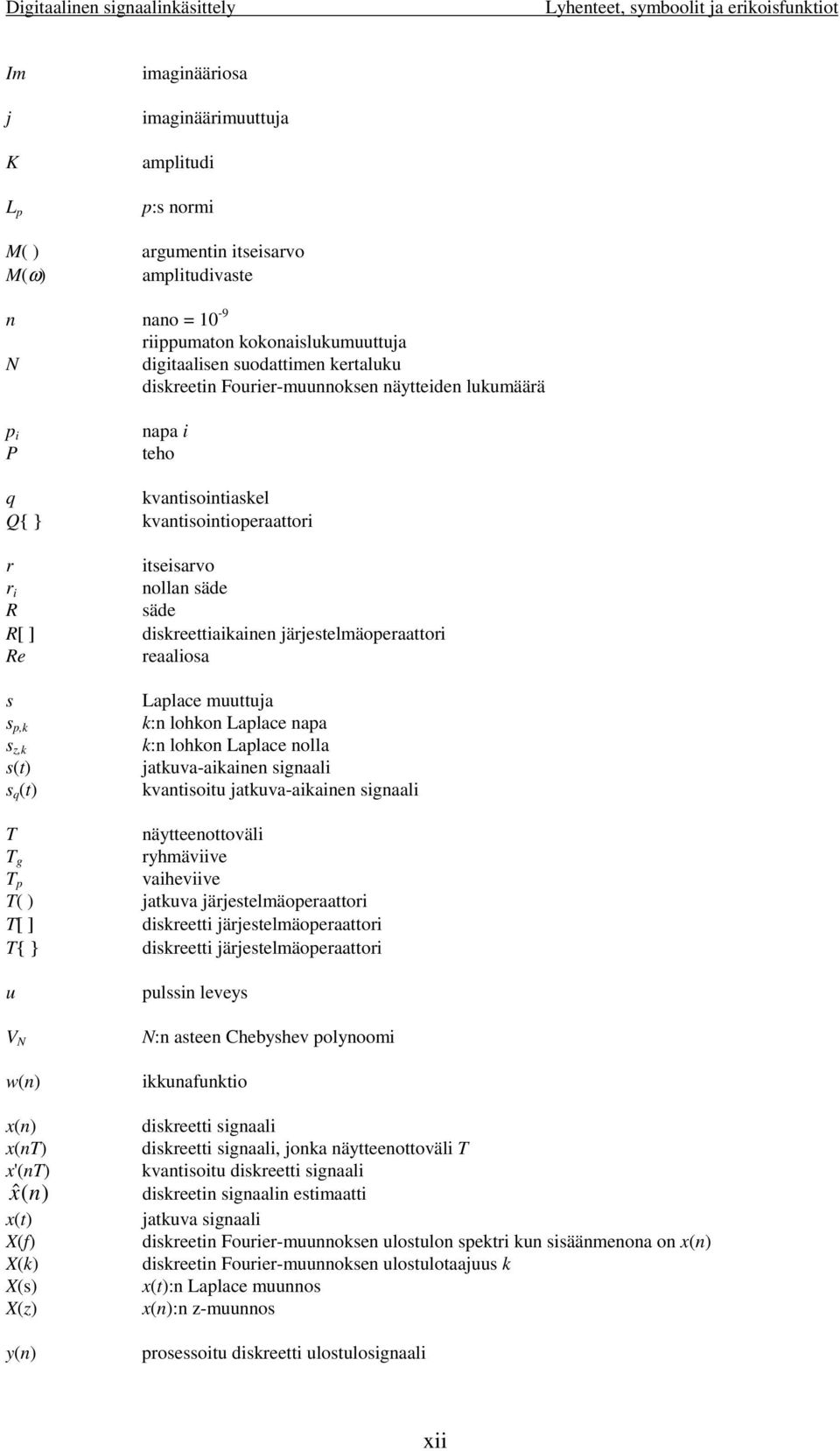 s s p,k s,k s(t) s q (t) Laplace muuttuja k:n lohkon Laplace napa k:n lohkon Laplace nolla jatkuva-akanen sgnaal kvantsotu jatkuva-akanen sgnaal T näytteenottoväl T g ryhmävve T p vahevve T( )