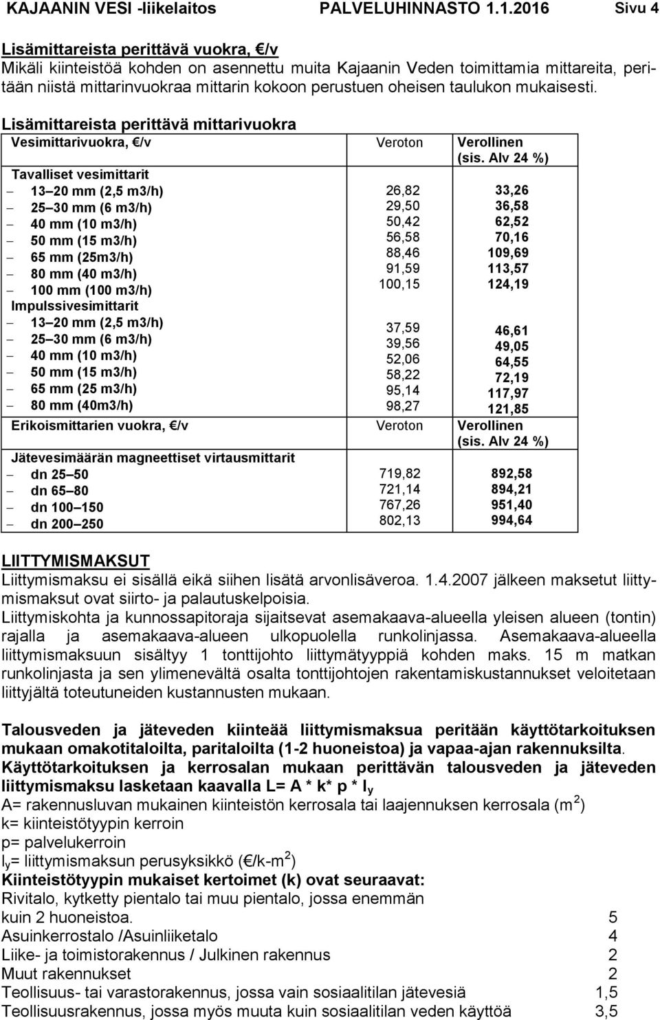 oheisen taulukon mukaisesti. Lisämittareista perittävä mittarivuokra Vesimittarivuokra, /v Veroton Verollinen (sis.