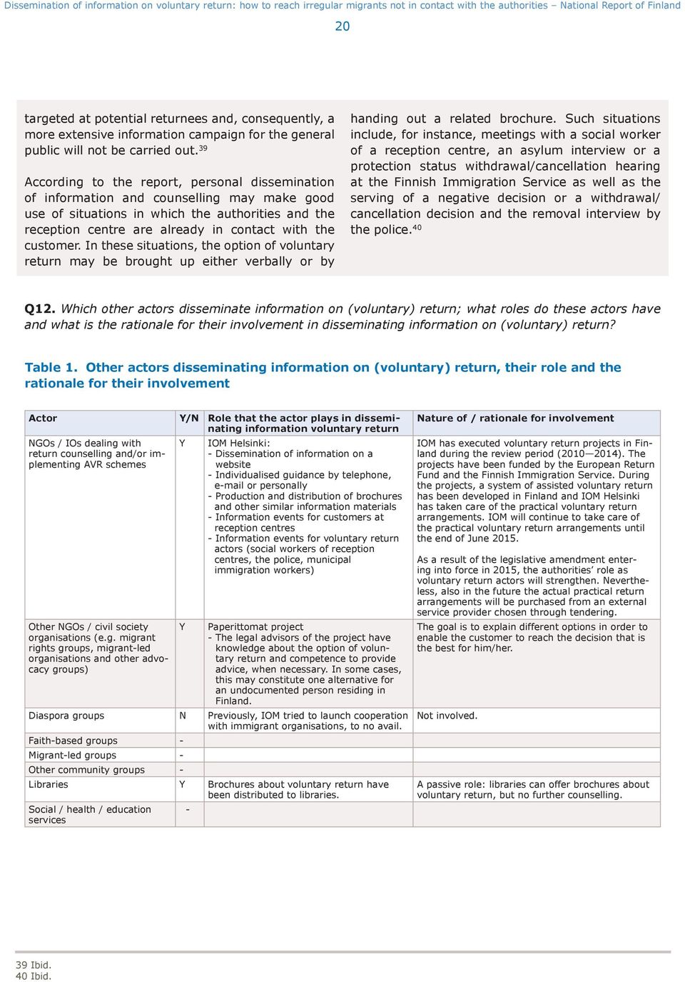 39 According to the report, personal dissemination of information and counselling may make good use of situations in which the authorities and the reception centre are already in contact with the