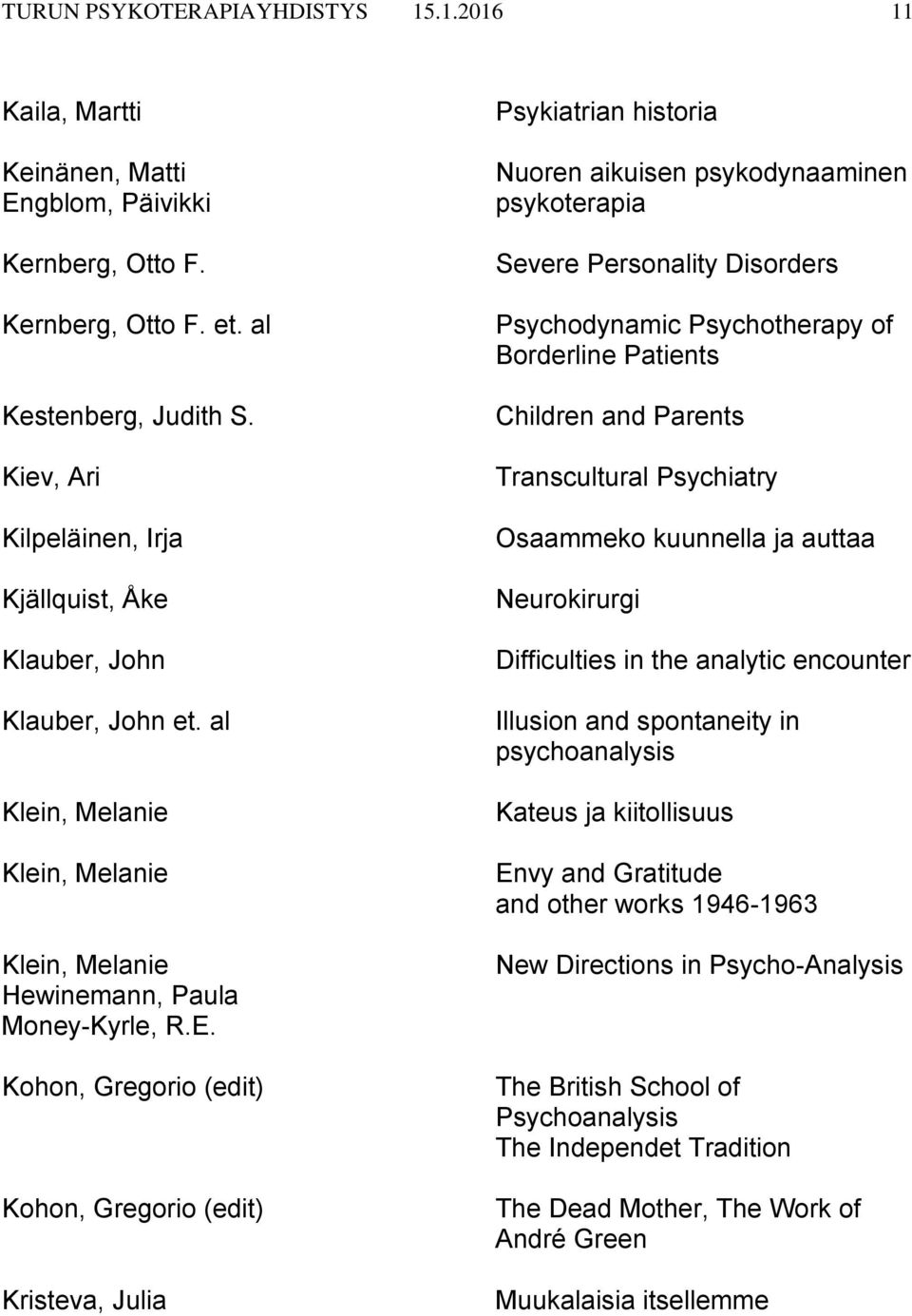 Kohon, Gregorio (edit) Kohon, Gregorio (edit) Kristeva, Julia Psykiatrian historia Nuoren aikuisen psykodynaaminen psykoterapia Severe Personality Disorders Psychodynamic Psychotherapy of Borderline