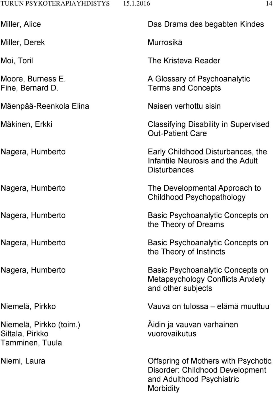 ) Siltala, Pirkko Tamminen, Tuula Niemi, Laura Das Drama des begabten Kindes Murrosikä The Kristeva Reader A Glossary of Psychoanalytic Terms and Concepts Naisen verhottu sisin Classifying Disability