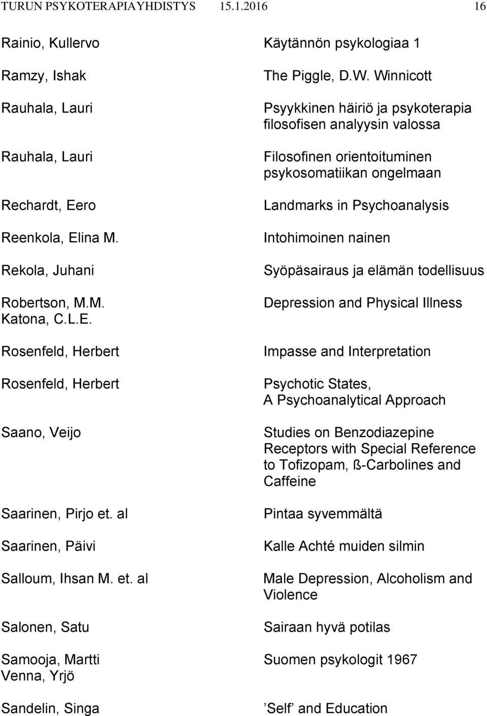 Winnicott Psyykkinen häiriö ja psykoterapia filosofisen analyysin valossa Filosofinen orientoituminen psykosomatiikan ongelmaan Landmarks in Psychoanalysis Intohimoinen nainen Syöpäsairaus ja elämän