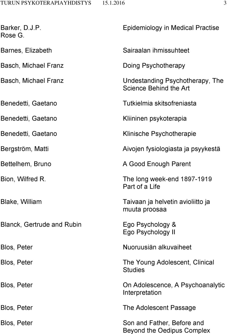 ihmissuhteet Doing Psychotherapy Undestanding Psychotherapy, The Science Behind the Art Tutkielmia skitsofreniasta Kliininen psykoterapia Klinische Psychotherapie Aivojen fysiologiasta ja psyykestä A