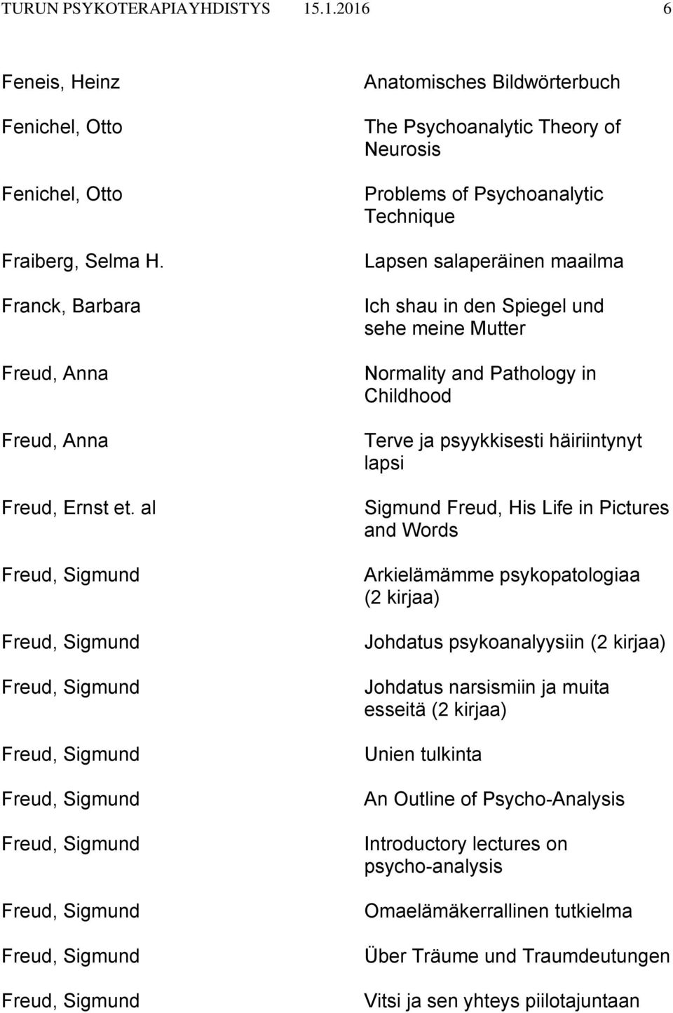 and Pathology in Childhood Terve ja psyykkisesti häiriintynyt lapsi Sigmund Freud, His Life in Pictures and Words Arkielämämme psykopatologiaa (2 kirjaa) Johdatus psykoanalyysiin (2 kirjaa)