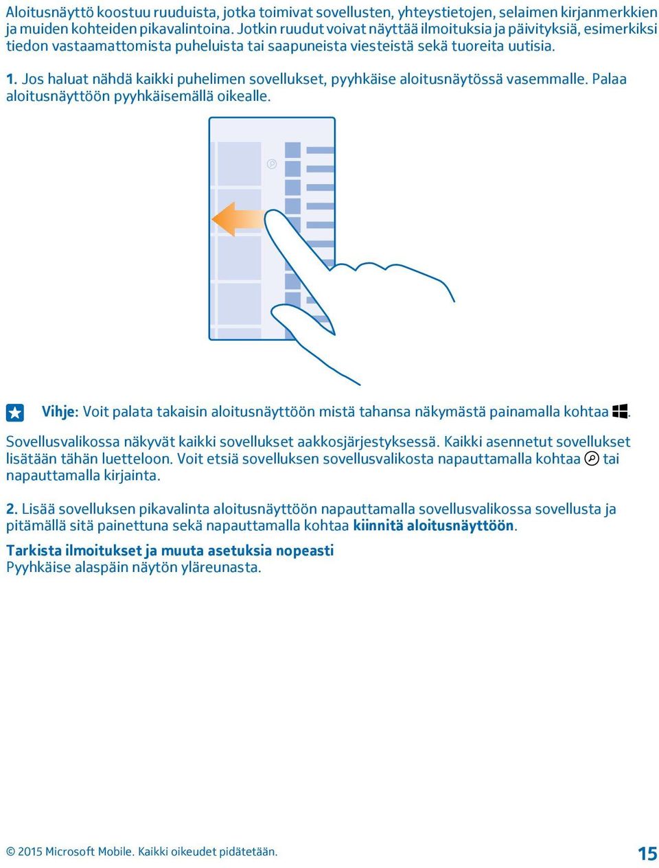 Jos haluat nähdä kaikki puhelimen sovellukset, pyyhkäise aloitusnäytössä vasemmalle. Palaa aloitusnäyttöön pyyhkäisemällä oikealle.