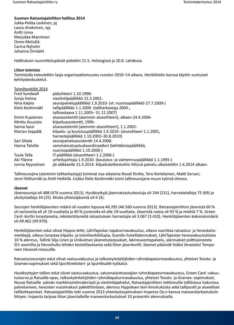 Toimihenkilöt 2014 Fred Sundwall pääsihteeri 1.10.1996- Sonja Holma viestintäpäällikkö 15.3.2001- Nina Kaipio seurapalvelupäällikkö 1.9.2010- (vt. nuorisopäällikkö 27.