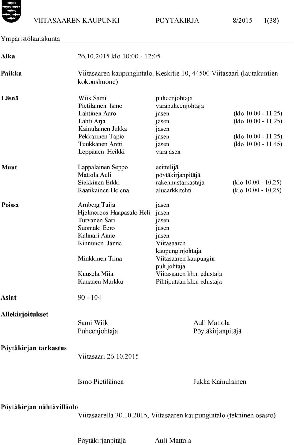 (klo 10.00-11.25) Lahti Arja jäsen (klo 10.00-11.25) Kainulainen Jukka jäsen Pekkarinen Tapio jäsen (klo 10.00-11.25) Tuukkanen Antti jäsen (klo 10.00-11.45) Leppänen Heikki varajäsen Muut Lappalainen Seppo esittelijä Mattola Auli pöytäkirjanpitäjä Siekkinen Erkki rakennustarkastaja (klo 10.