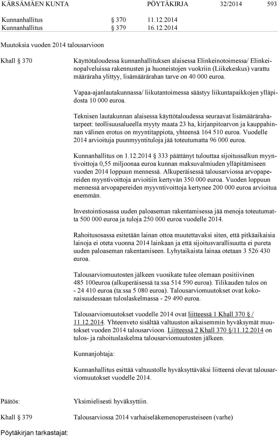 2014 Muutoksia vuoden 2014 talousarvioon Khall 370 Käyttötaloudessa kunnanhallituksen alaisessa Elinkeinotoimessa/ Elin keino pal ve luis sa rakennusten ja huoneistojen vuokriin (Liikekeskus) varattu